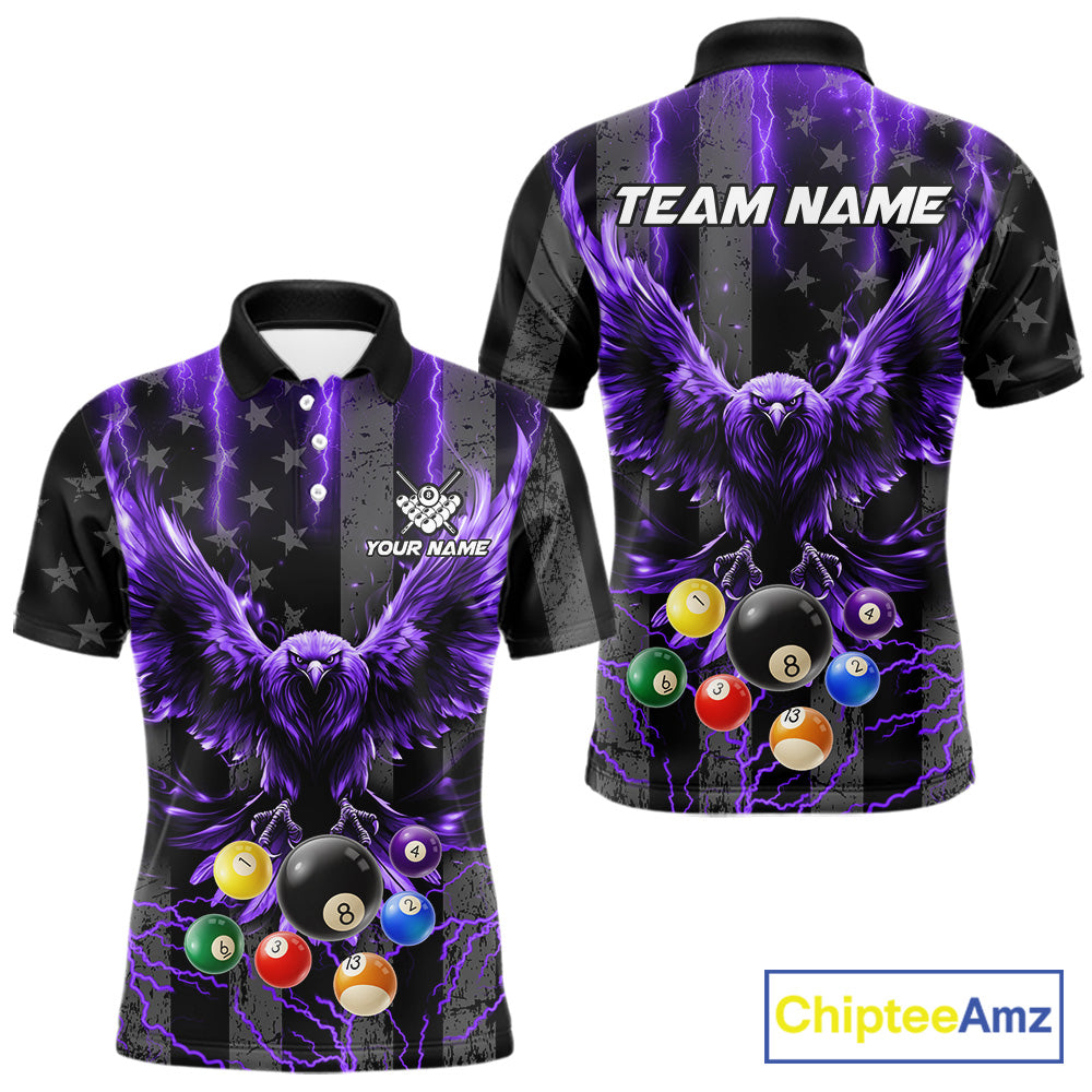 Purple lightning eagle 8 ball billiard polo shirt for men with bold American flag team graphics.