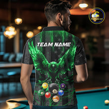 Load image into Gallery viewer, Back view of man wearing a green lightning eagle pool shirt inside a billiards hall.