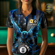Load image into Gallery viewer, Woman wearing a blue lightning eagle billiard jersey beside a pool table front view.