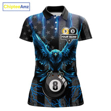 Load image into Gallery viewer, Blue lightning eagle 8 ball and 9 ball billiard polo shirt for women with patriotic American flag graphics.