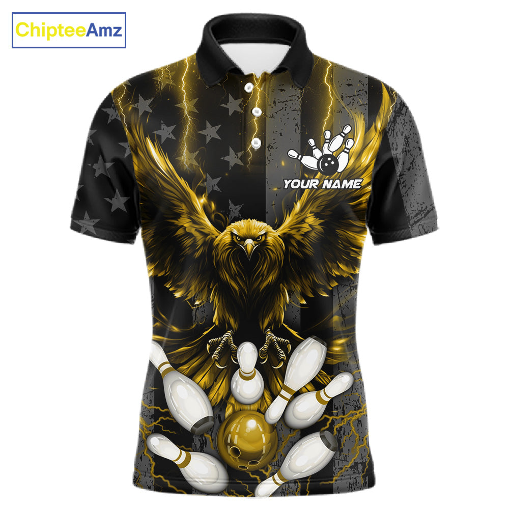 Yellow lightning eagle bowling polo shirt for men with patriotic American flag team graphics.