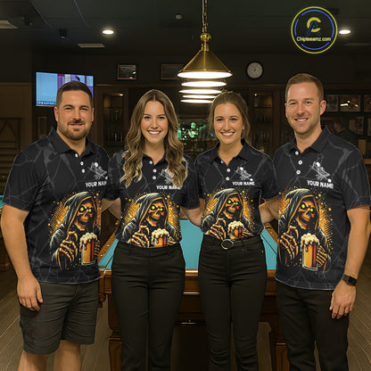 Billiard team wearing matching Grim Reaper 8 ball pool and beer jerseys front view.