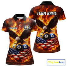 Load image into Gallery viewer, Personalized Flame Eagle 8 Ball, 9 Ball &amp; 10 Ball US Flag Billiard Shirt For Women, Pool Team Jersey TDM5853