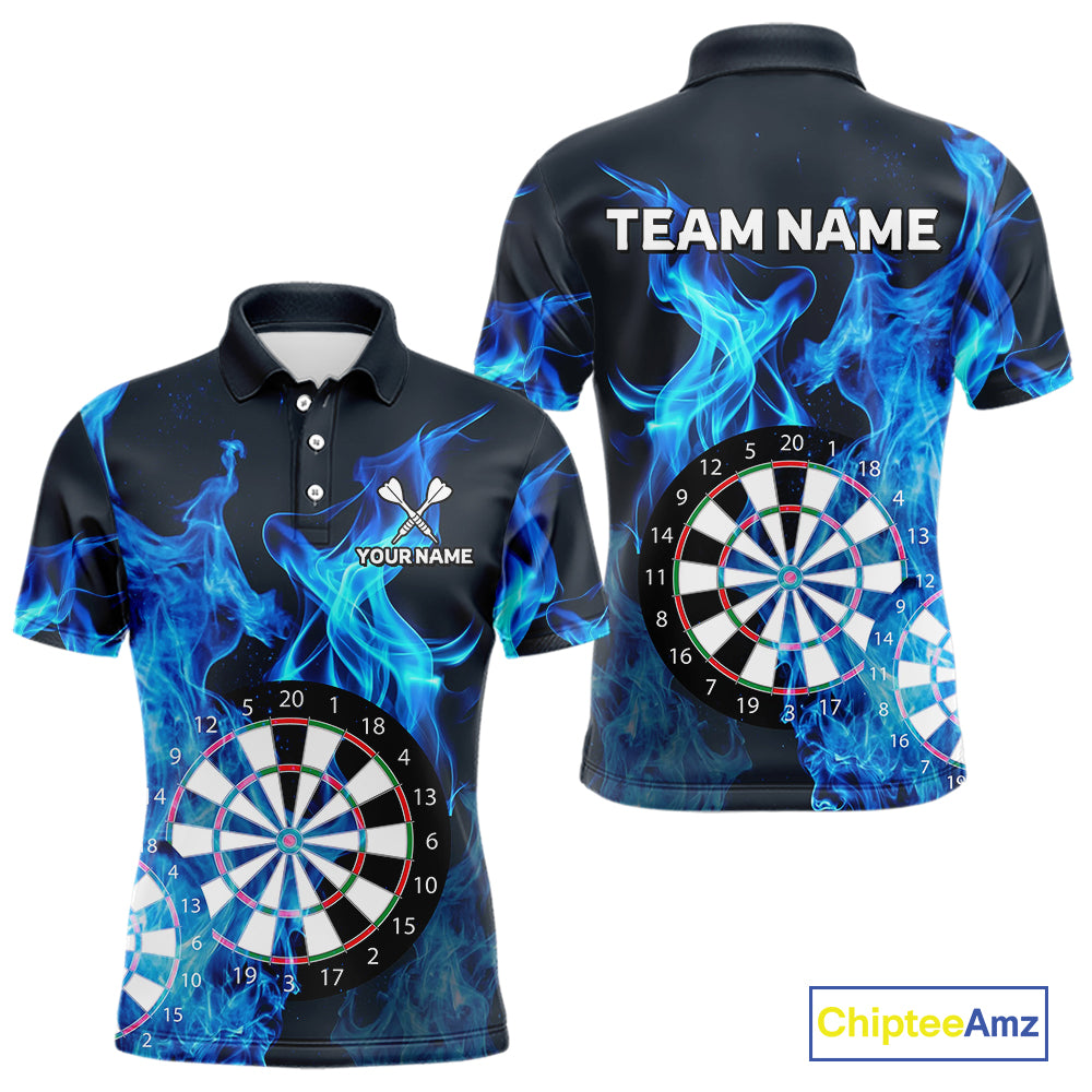 Blue Flaming Dartboard Darts Polo & Quarter Zip Custom Dart Shirts For Men Team Dart Jerseys TDM3821