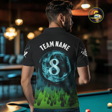 Load image into Gallery viewer, Green And Blue Flaming 8 Ball Pool Men Billiard Polo &amp; 1/4 Zip Custom Pool Team Player Jersey TDM3828