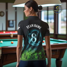 Load image into Gallery viewer, Green And Blue Flaming 8 Ball Pool Women Billiard Polo &amp; 1/4 Zip Custom Pool Team Player Jersey TDM3828