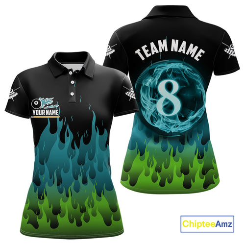 Green And Blue Flaming 8 Ball Pool Women Billiard Polo & 1/4 Zip Custom Pool Team Player Jersey TDM3828