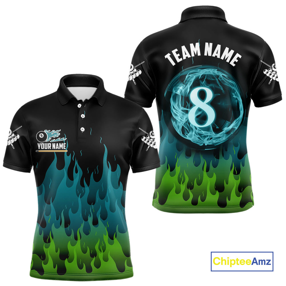 Green And Blue Flaming 8 Ball Pool Men Billiard Polo & 1/4 Zip Custom Pool Team Player Jersey TDM3828