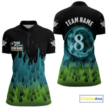Load image into Gallery viewer, Green And Blue Flaming 8 Ball Pool Women Billiard Polo &amp; 1/4 Zip Custom Pool Team Player Jersey TDM3828