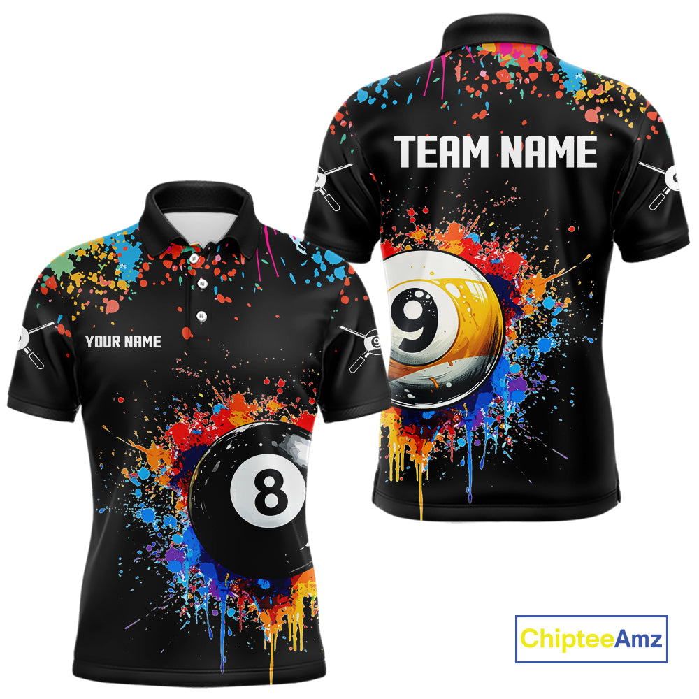 Funny 8&9 Ball Pool Colorful Paint Splash Billiard Shirt For Men Custom Billiard Team Jerseys TDM4295