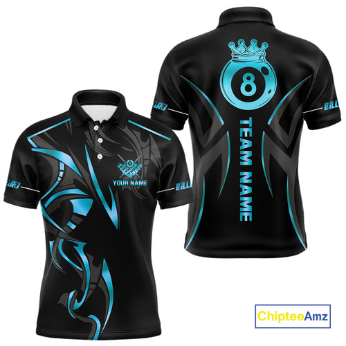 Custom 8 Ball Pool Crown Men Billiard Shirts, Blue Cyan And Black Billiard Team Shirt Pool Jerseys TDM4729