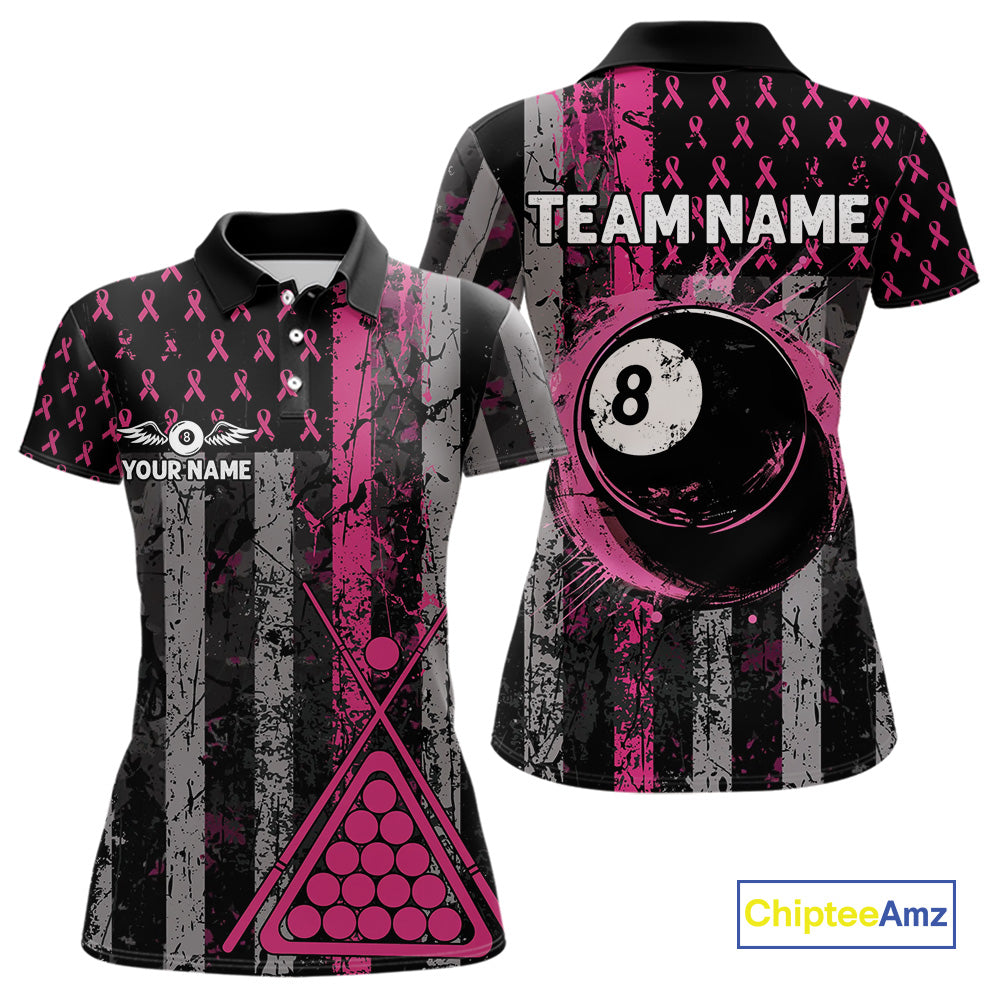 Custom Pink Ribbon Grunge US Flag Billiard Shirt For Women, Breast Cancer 8 Ball Pool Team Jersey TDM4500
