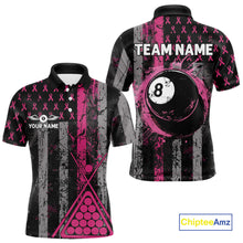 Load image into Gallery viewer, Custom Pink Ribbon Grunge US Flag Billiard Shirt For Men, Breast Cancer 8 Ball Pool Team Jersey TDM4500