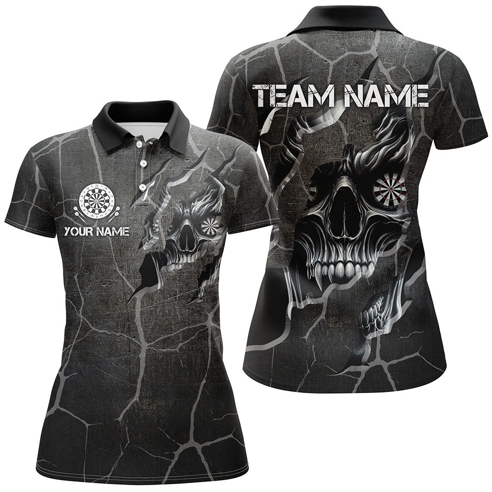 Personalized Skull Black Grunge Darts Polo And Quarter-Zip Shirts For Women Custom Darts Team Jerseys TDM2430