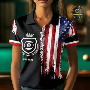 Personalized Grunge American Flag 9 Ball Pool Team Shirt For Women Custom Patriotic Billiard Shirts TDM4733