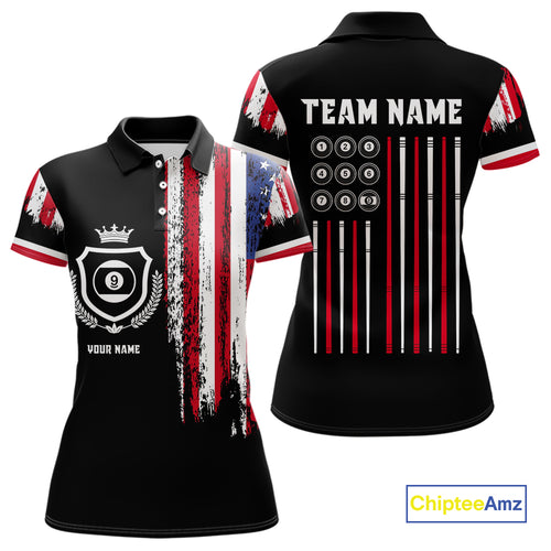Personalized Grunge American Flag 9 Ball Pool Team Shirt For Women Custom Patriotic Billiard Shirts TDM4733