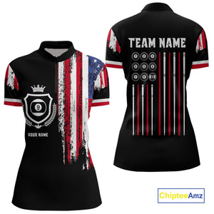 Personalized Grunge American Flag 9 Ball Pool Team Shirt For Women Custom Patriotic Billiard Shirts TDM4733