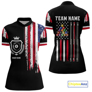 Personalized Grunge American Flag 9 Ball Pool Team Shirt For Women Custom Patriotic Billiard Shirts TDM4734