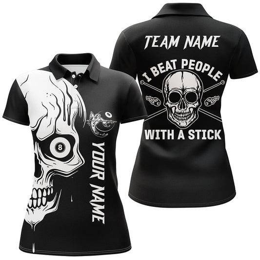 Custom White Skull Billiard I Beat People With A Stick Personalized Name Polo Shirts For Women TDM0686