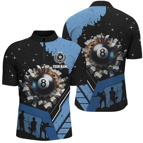 Blue Funny 8 Ball Pool Crack Men Quarter-Zip Shirts Custom Team League Billiard Jersey TDM1379
