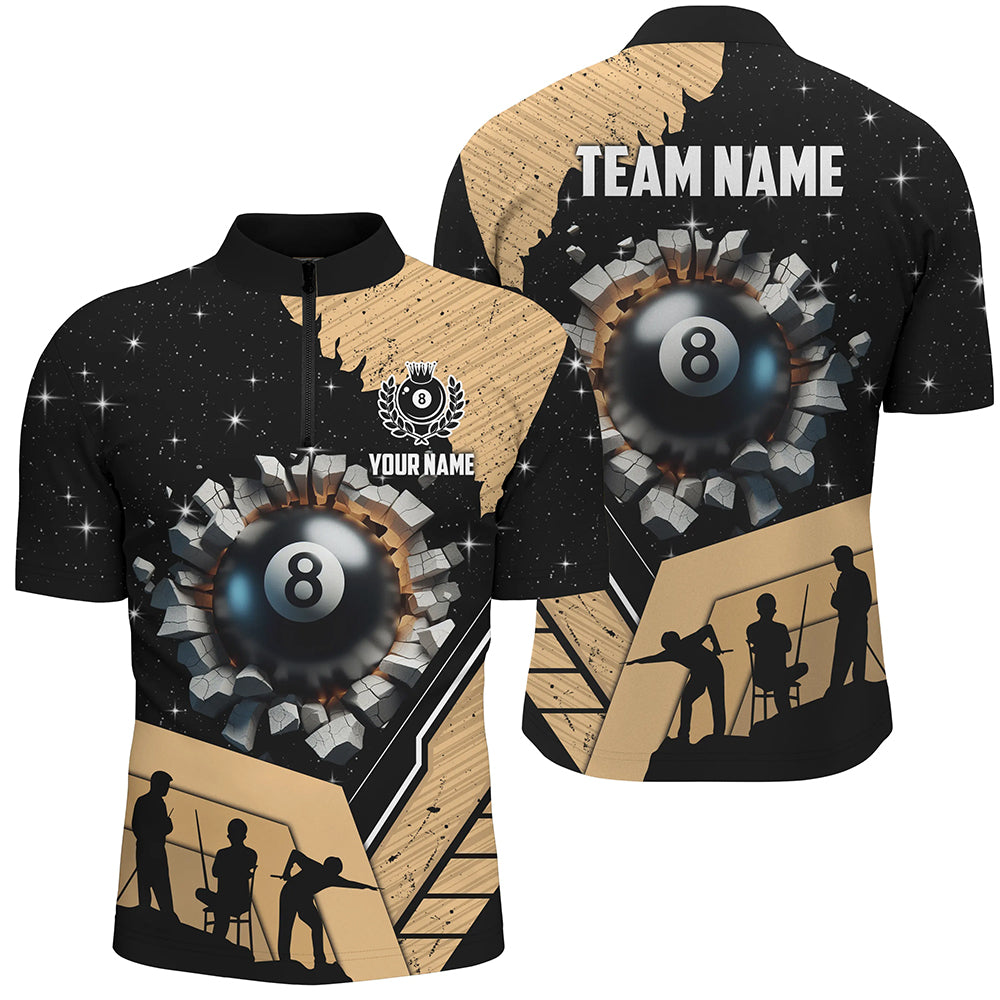 Gold Funny 8 Ball Pool Crack Men Quarter-Zip Shirts Custom Team League Billiard Jersey TDM1381