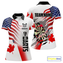 Load image into Gallery viewer, Personalized Women's Dart Shirts – Funny Canada &amp; US Flag Mix Custom Patriotic Darts Team Jerseys TDM4139