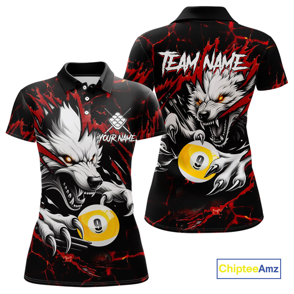 Personalized 9 Ball Pool Wolf Billiard Shirts For Women, Billiard League Jersey Polo & 1/4 Zip |Red TDM4505