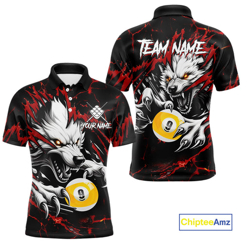 Personalized 9 Ball Pool Wolf Billiard Shirts For Men, Billiard League Jersey Polo & 1/4 Zip |Red TDM4505