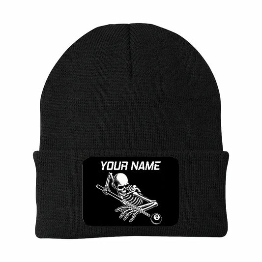 Personalized Skull 8 Ball Billiard Knit Beanie Hat With Rectangle Patch Custom Billiard Knit Cap TDM4940