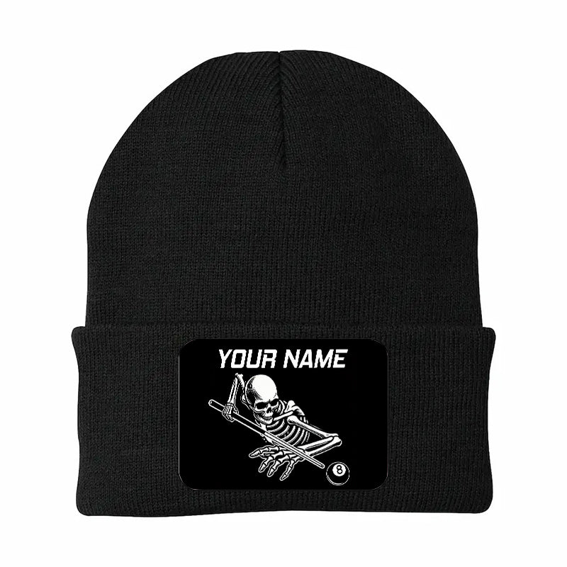 Personalized Skull 8 Ball Billiard Knit Beanie Hat With Rectangle Patch Custom Billiard Knit Cap TDM4940