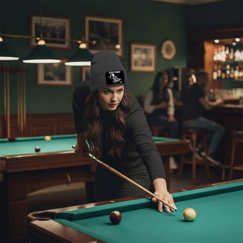 Personalized Skull 8 Ball Billiard Knit Beanie Hat With Rectangle Patch Custom Billiard Knit Cap TDM4940