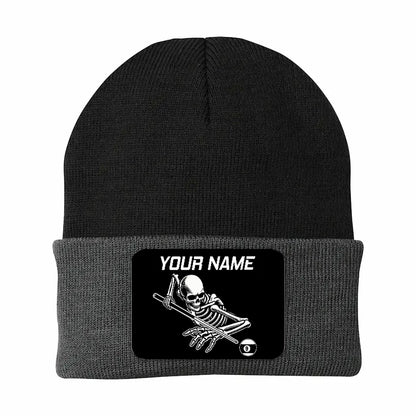 Personalized Skull 9 Ball Billiard Knit Beanie Hat With Rectangle Patch Custom Billiard Knit Cap TDM4941