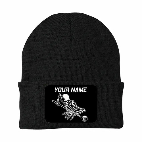 Personalized Skull 9 Ball Billiard Knit Beanie Hat With Rectangle Patch Custom Billiard Knit Cap TDM4941