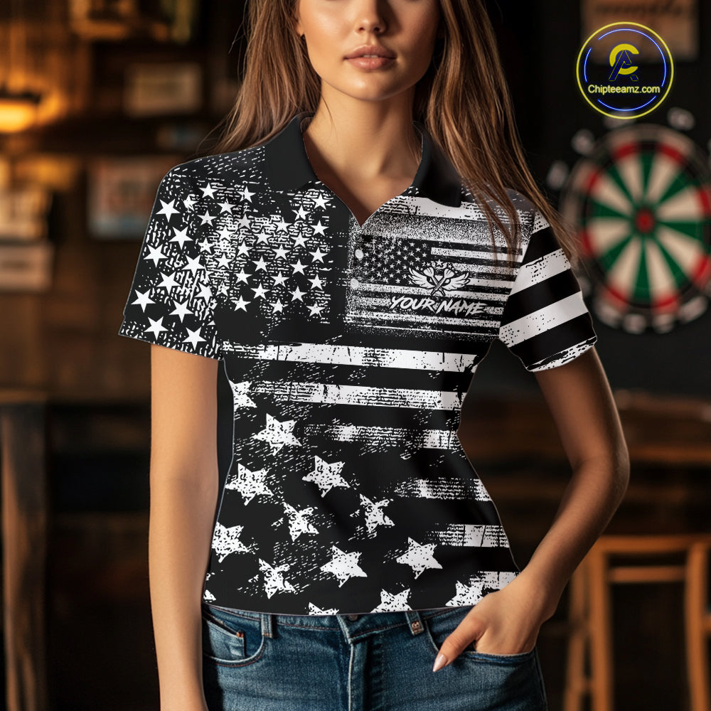 Custom Black Grunge US Flag Patriotic Darts Shirt For Women, Retro Darts Board Darts Team Jerseys TDM3155