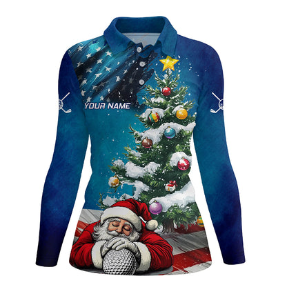 American Flag Christmas Golf Polo Shirts For Women Custom Santa Christmas Pine Tree Funny Golf Shirts TDM3160