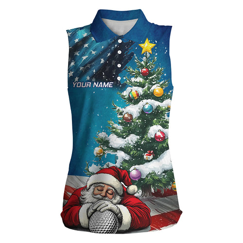 American Flag Christmas Women Sleeveless Golf Polo Shirts Custom Santa Christmas Funny Golf Shirts TDM3160