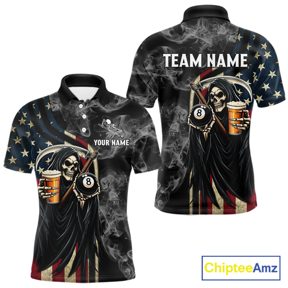 US Flag Grim Reaper Smoke Billiard Shirt For Men Custom 8 Ball Pool Team Jersey Polo & 1/4 Zip TDM6258