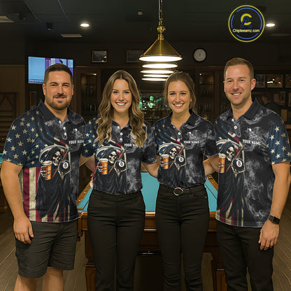 US Flag Grim Reaper Smoke Billiard Shirt For Men Custom 8 Ball Pool Team Jersey Polo & 1/4 Zip TDM6258