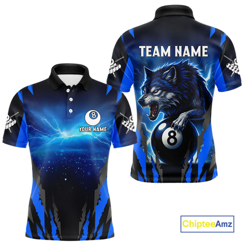 Personalized Thunder Lightning Wolf Billiard Shirt For Men, 8 Ball Billiard Team Jerseys |Blue TDM4520