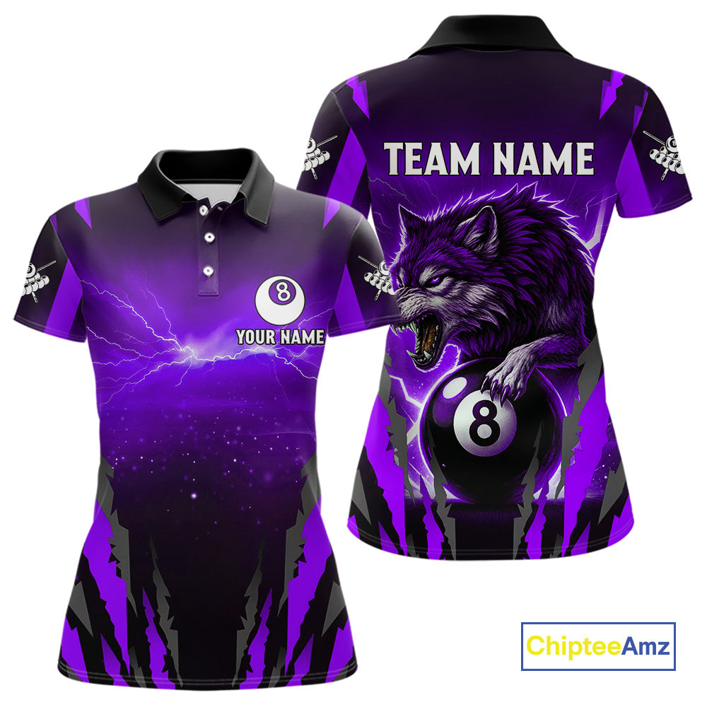 Personalized Thunder Lightning Wolf Billiard Shirt For Women, 8 Ball Billiard Team Jerseys |Purple TDM4521