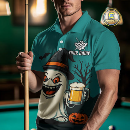 Custom Billiard Shirt Halloween Ghostly Beer Polo & 1/4 Zip For Men, Funny 8 Ball Pool Team Jersey TDM4943