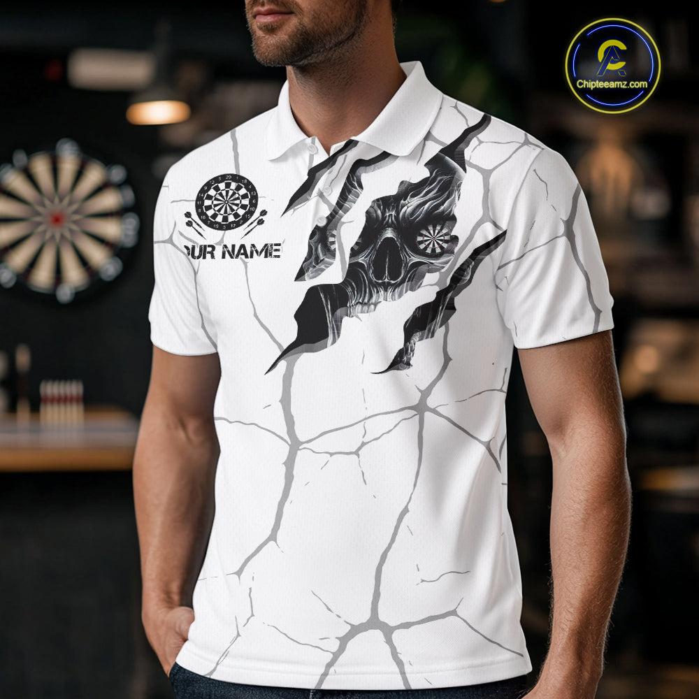 Personalized Skull White Grunge Darts Polo And Quarter-Zip Shirts For Men Custom Dart Team Jerseys TDM2922