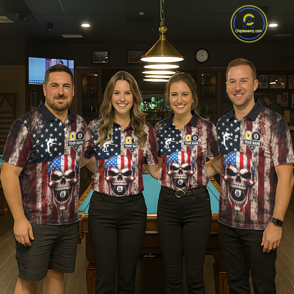 Vintage American Flag Skull 8 Ball 9 Ball Billiard Shirt For Men Custom Patriotic Pool Team Jersey TDM5656