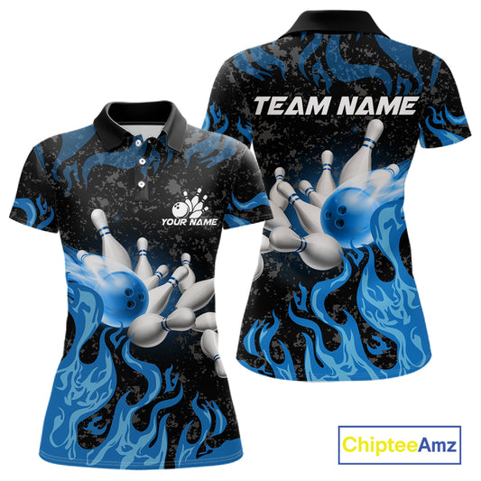 Blue Flaming Bowling Jersey For Women Custom Fire Bowling Pin Team Jersey Polo & Quarter Zip Shirts TDM6267