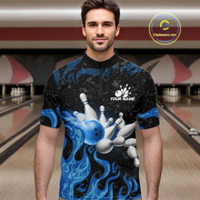 Load image into Gallery viewer, Blue Flaming Bowling Jersey For Men Custom Fire Bowling Pin Team Jersey Polo &amp; Quarter Zip Shirts TDM6267
