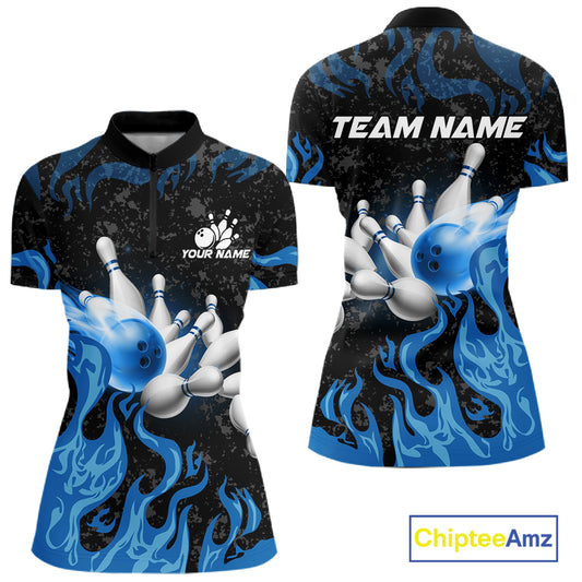 Blue Flaming Bowling Jersey For Women Custom Fire Bowling Pin Team Jersey Polo & Quarter Zip Shirts TDM6267