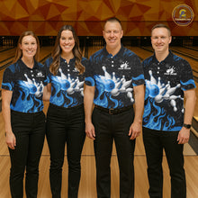 Load image into Gallery viewer, Blue Flaming Bowling Jersey For Men Custom Fire Bowling Pin Team Jersey Polo &amp; Quarter Zip Shirts TDM6267