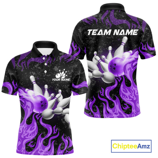 Purple Flaming Bowling Jersey For Men Custom Fire Bowling Pin Team Jersey Polo & Quarter Zip TDM6269