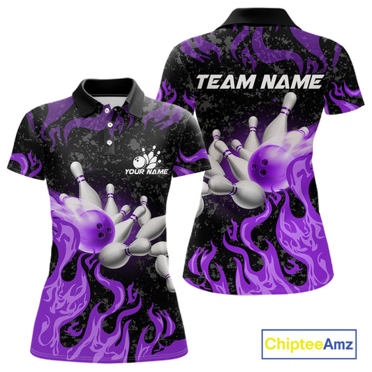 Purple Flaming Bowling Jersey For Women Custom Fire Bowling Pin Team Jersey Polo & Quarter Zip TDM6269
