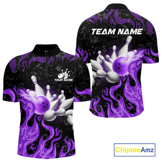 Purple Flaming Bowling Jersey For Men Custom Fire Bowling Pin Team Jersey Polo & Quarter Zip TDM6269